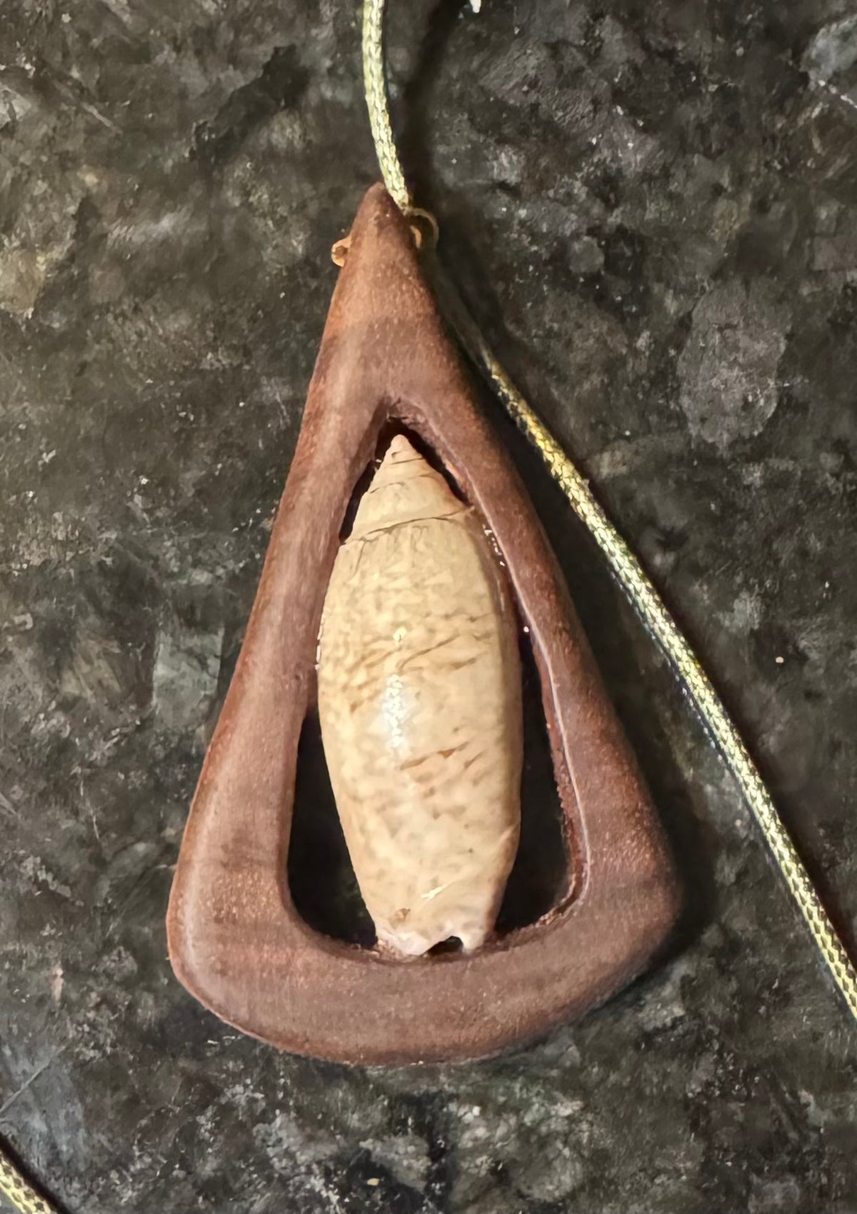 Shell and walnut pendant