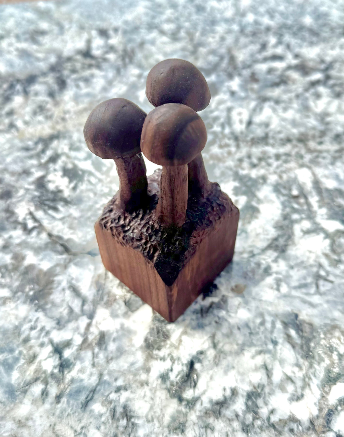 Hand carved mushroom trio